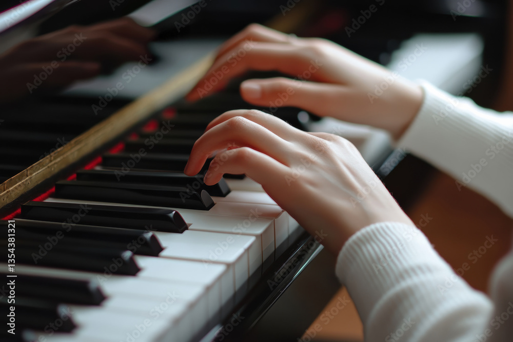 Obraz premium Close up of hands playing piano keys with focus on musical expression and technique