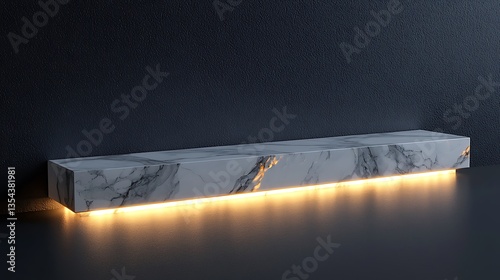 Illuminated marble shelf against dark wall.