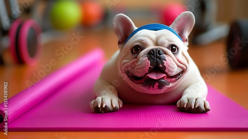 Happy French Bulldog lying on pink yoga mat in gym.