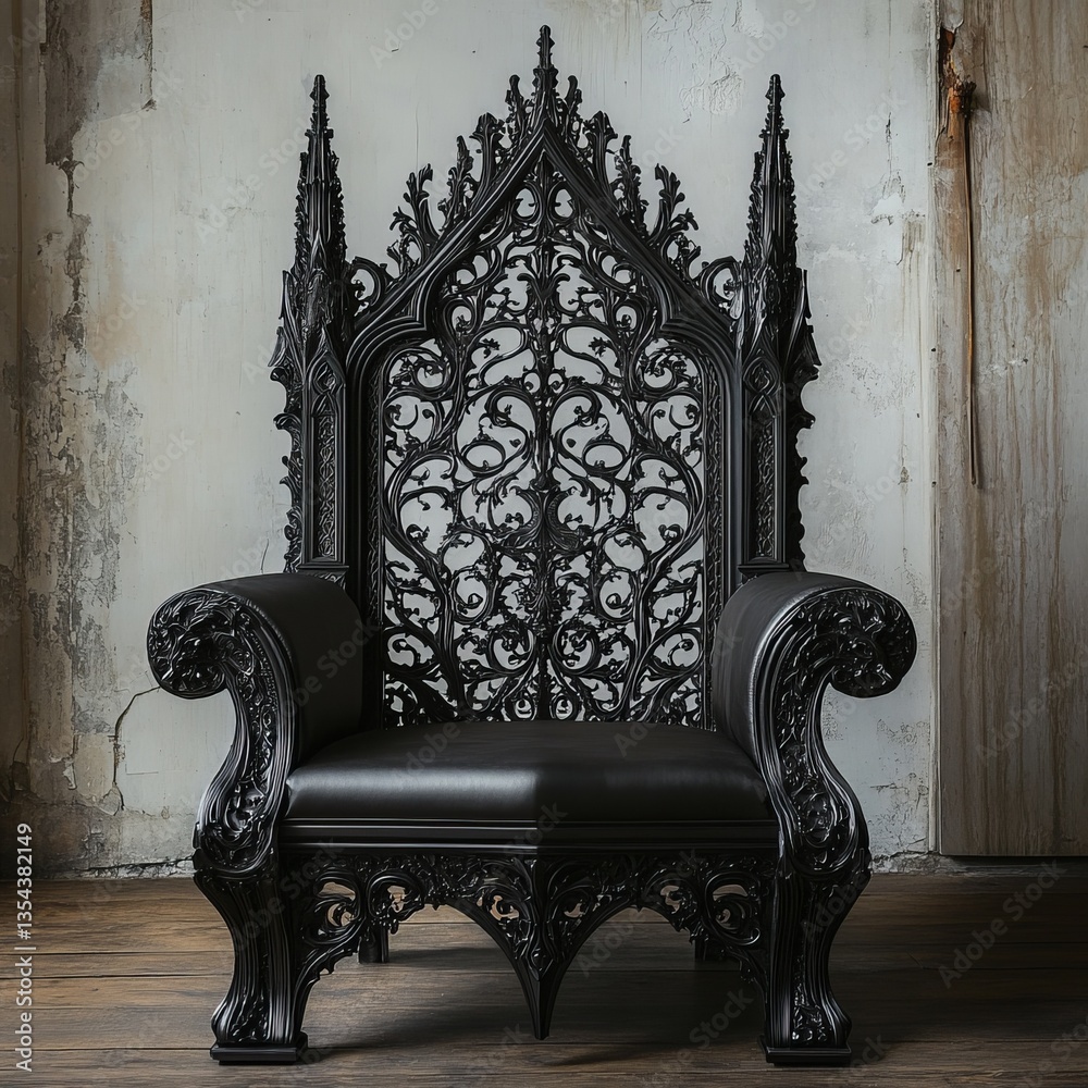 Majestic gothic-style throne with a high backrest featuring ornate filigree and dark metallic accents, illuminated by warm light for a regal and imposing vibe. Majestic gothic-style throne with a high backrest featuring ornate filigree and dark metallic accents, illuminated by warm light for a regal and imposing vibe.