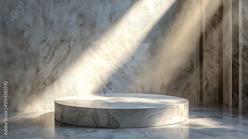 Circular marble podium in sunlit room.
