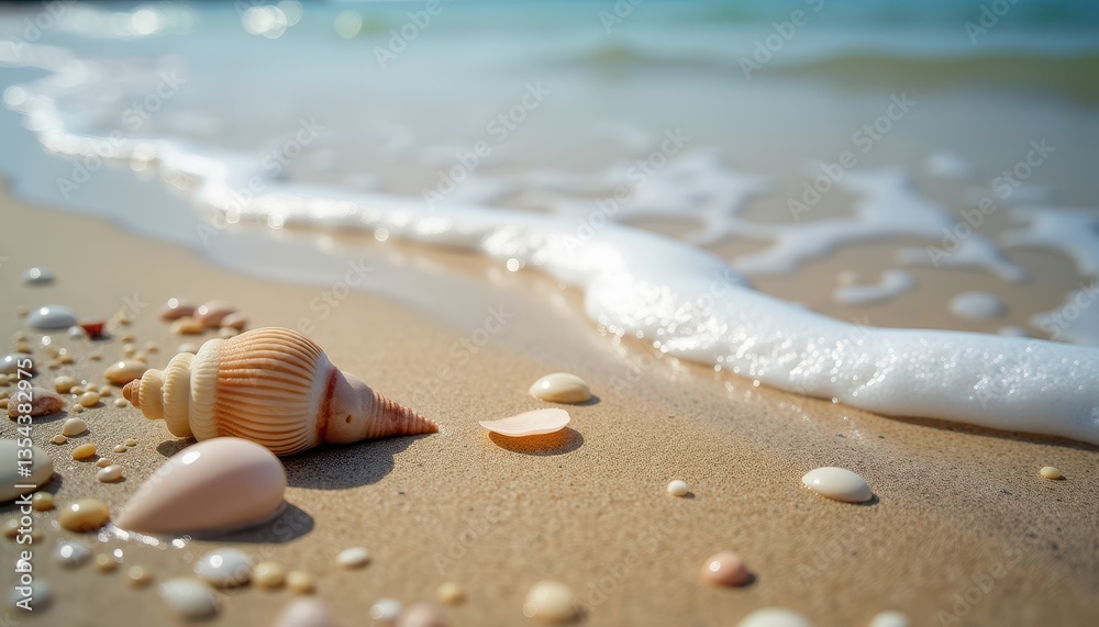 Soft turquoise waves gently roll onto golden sand under a bright blue sky. The serene coastal view is dotted with seashells, evoking peace and natural beauty in a tranquil scene Soft turquoise waves gently roll onto golden sand under a bright blue sky. The serene coastal view is dotted with seashells, evoking peace and natural beauty in a tranquil scene