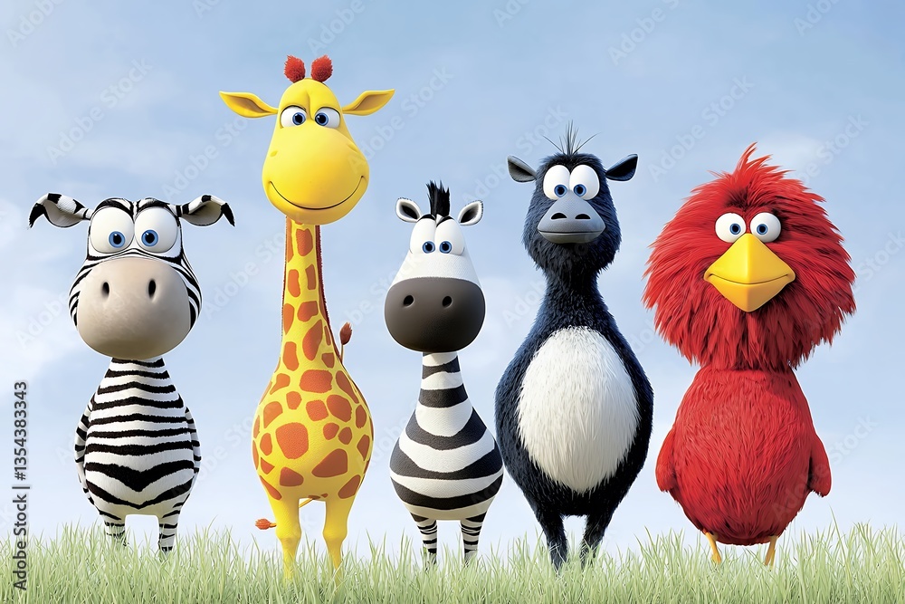 Five Whimsical Cartoon Animals in a Row Against Blue Sky Five Whimsical Cartoon Animals in a Row Against Blue Sky