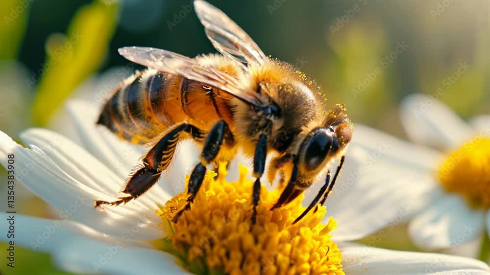 Extreme close-up of a honeybee gathering pollen from a daisy in golden morning light with vivid floral details. Generative AI
