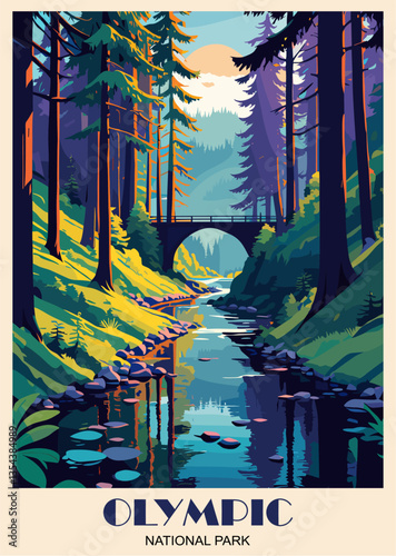 Retro-style travel poster of Olympic National Park, USA, featuring a scenic river, forest, and iconic bridge. Vintage-inspired illustration perfect for adventure lovers, home decor, and travel prints.