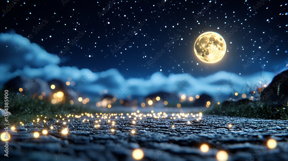 Full Moon Night Scene with Glowing Path and Misty Landscape Full Moon Night Scene with Glowing Path and Misty Landscape