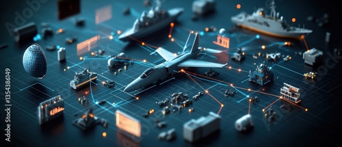 A digital rende showcasing a complex network of interconnected military assets including fighter jets, warships, drones, and ground vehicles represented visually