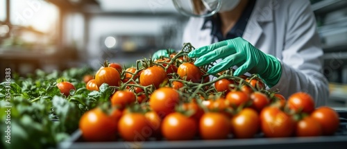 A scientist in a lab coat examines ripe red tomatoes on vine surrounded by green leafy plants in a laboratory setting, showcasing agricultural research efforts