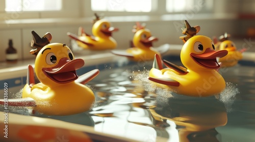 Yellow rubber duckies float in water bathtub