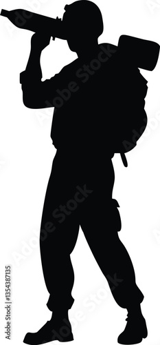 Soldier with anti tank missile silhouette vector illustration, military man in the battle