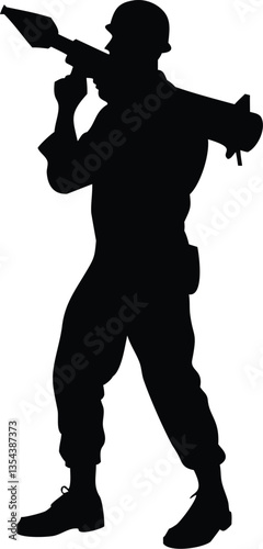 Soldier with anti tank missile silhouette vector illustration, military man in the battle