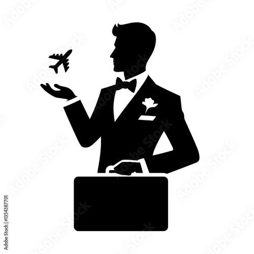 Groom holding airplane and suitcase silhouette for honeymoon trip