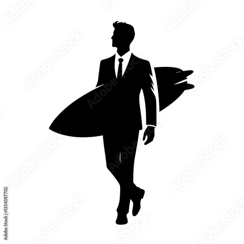 Groom walking with surfboard silhouette for beach honeymoon