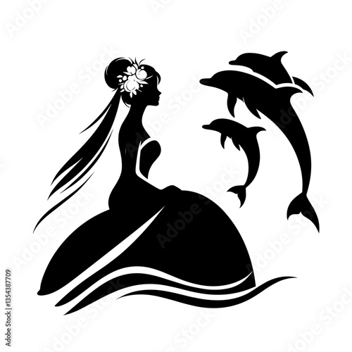 Bride with dolphins silhouette during tropical honeymoon