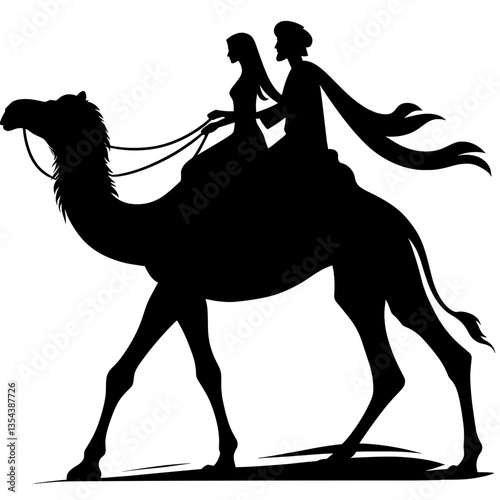 Couple riding camel silhouette for exotic honeymoon journey