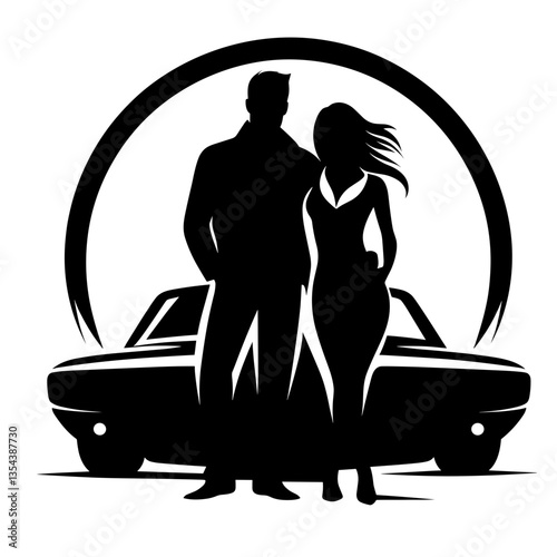 Couple with classic car silhouette on honeymoon road trip