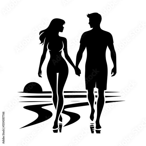 Couple walking on beach silhouette during honeymoon sunset