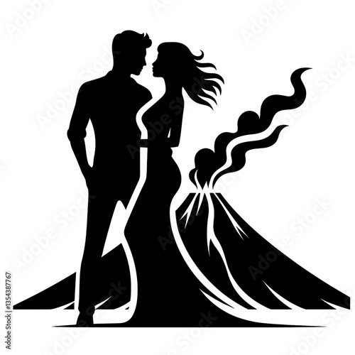 Couple with volcano silhouette on adventurous honeymoon trip