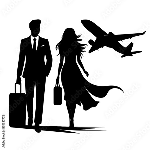 Couple with suitcases and airplane silhouette starting honeymoon