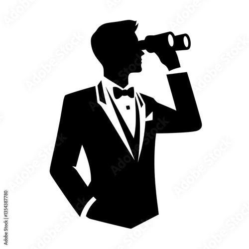 Groom with binoculars silhouette exploring honeymoon destination