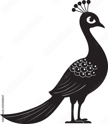 A black silhouette of a peacock  on white background 