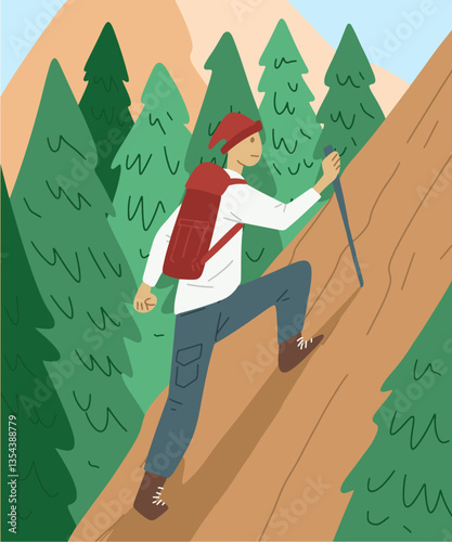 Adventurous hiker climbing a mountain path with forest in the background