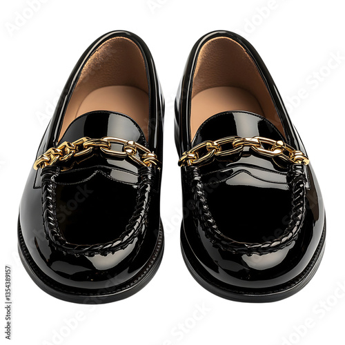 Glossy Black Patent Leather Loafers with Gold Chains Isolated on Transparent Background