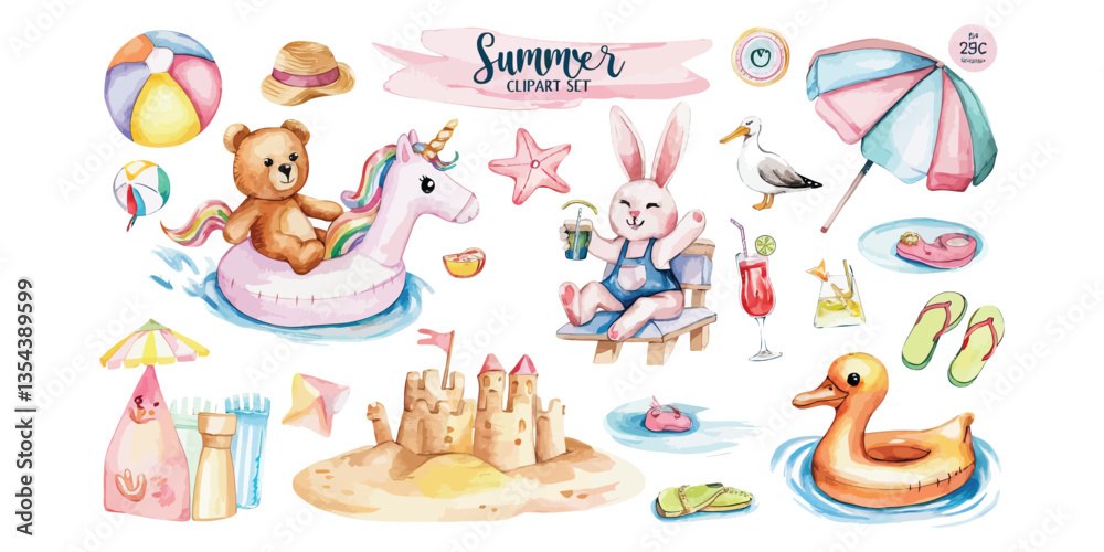 Fototapeta premium Sunny Summer Bliss Watercolor Clipart Set with Charming Beach Day Characters