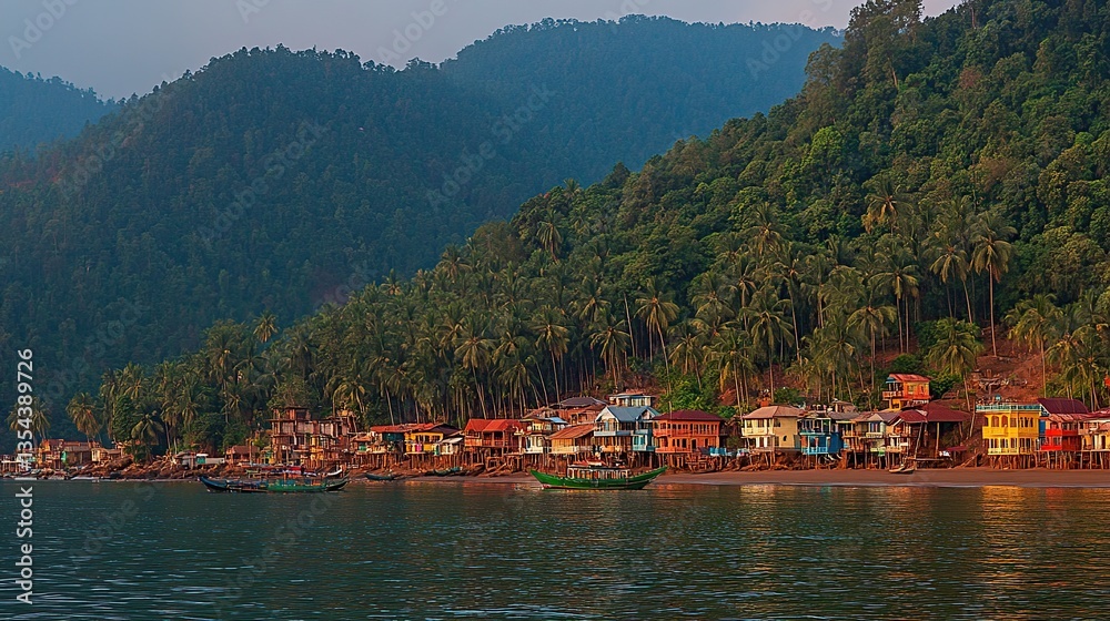 Naklejka premium Coastal village sunrise, boats, tropical hills, tranquil waters, tourism