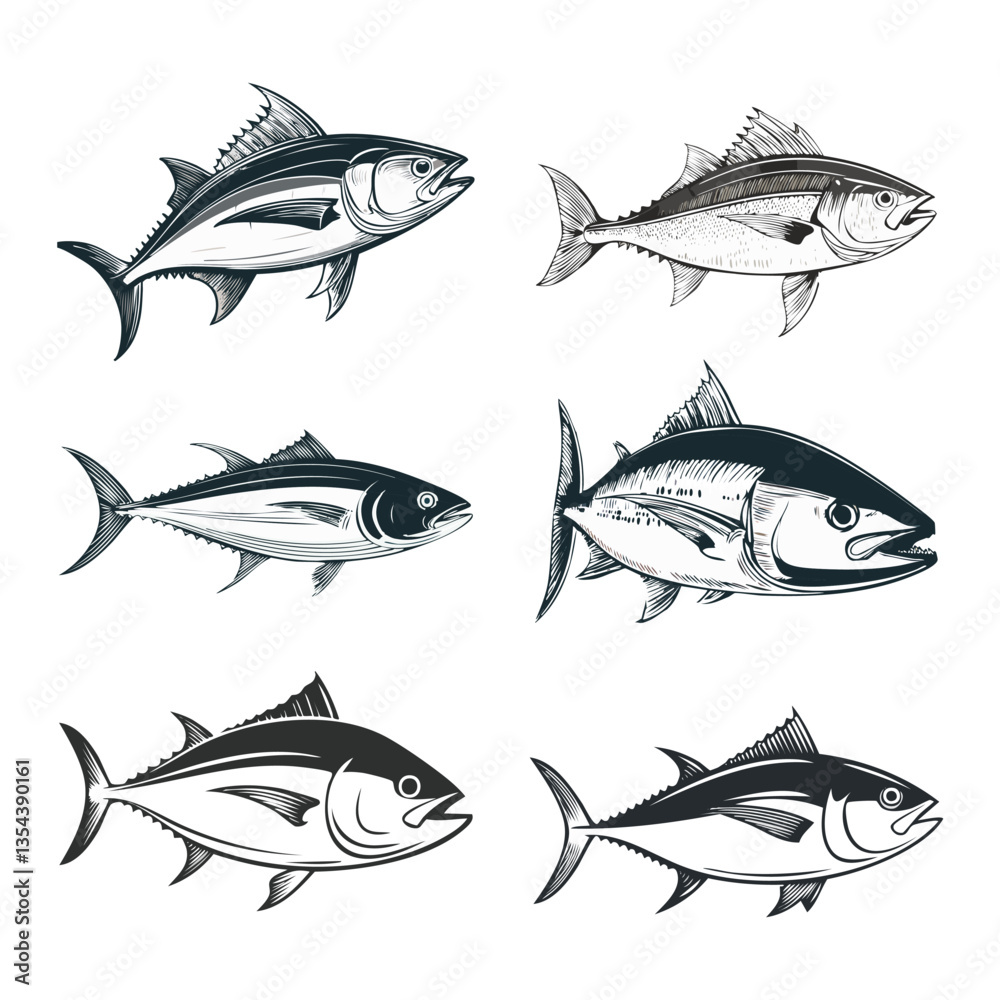 Vintage Illustration Set of Tuna Fishes in Classic Engraving Style. Vector illustration. Generative Ai