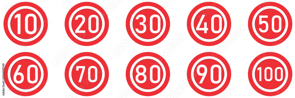 Obraz premium Speed limit highway sign vector collection. Set of generic speed limit signs with black number and red circle. Vector illustration