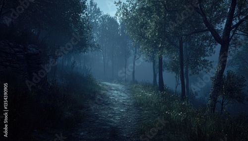 Misty, dark forest path at twilight
