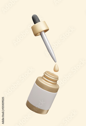 Facial oil serum pipette bottle 3D vector illustration. Golden skincare cosmetic bottle, anti aging recovery treatment, hydrating collagen essence dropper. Beauty Korean skincare makeup product 3D.