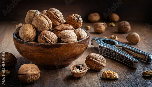 Walnuts (Akhrot) – A moody still-life composition of whole and shelled Indian walnuts placed in an antique wooden bowl, with cracked walnut shells and nutcrackers nearby for a textured, earthy feel.