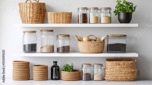 Well-arranged kitchen shelf with baskets and jars for efficient storage and easy access to everyday cooking essentials