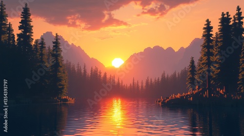 Pixel Sunset Over Mountain Lake: A Serene View of Nature’s Tranquility photo