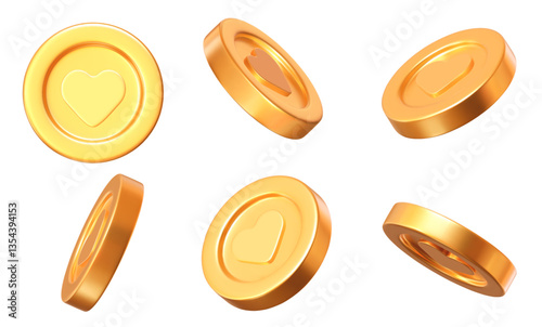 3d set of golden coins with heart, different angles. Stock vector illustration on isolated background.