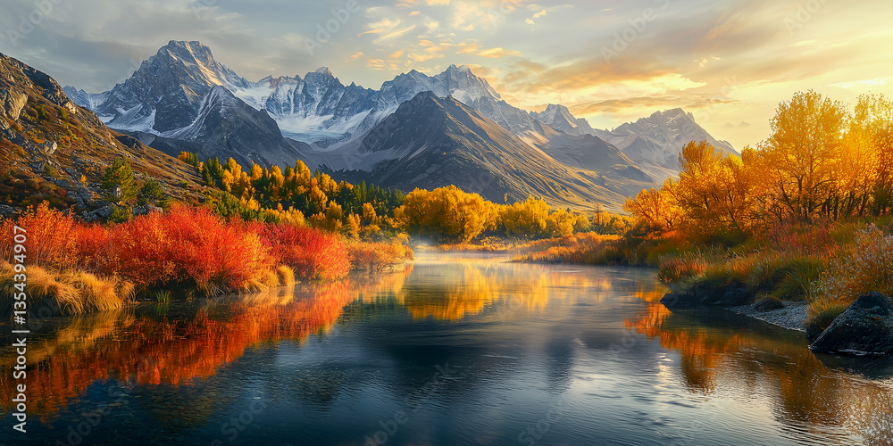Obraz premium Mountain valley at autumn dawn with river, mist, and golden forests