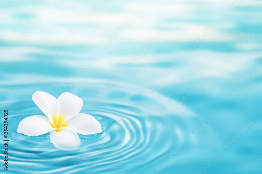 White Flower Floating on Calm Blue Water with Ripples in Tranquil Setting. White Flower Floating on Calm Blue Water with Ripples in Tranquil Setting.