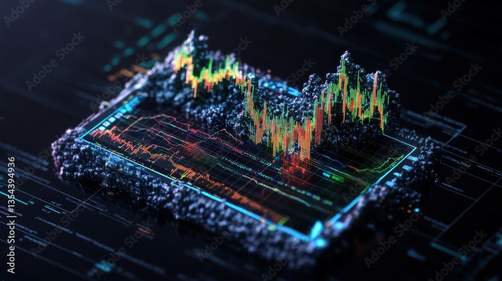 Obraz premium Digital graph displayed on computer screen indicating financial trends and performance in professional trading environment