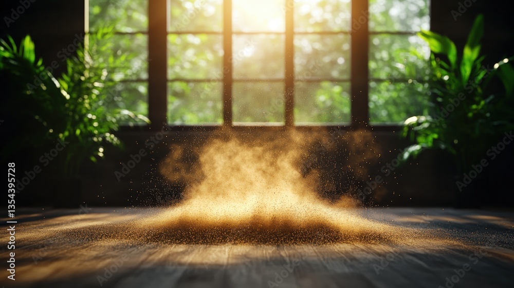 Fototapeta premium Sunlight streaming through a window illuminating dust particles floating gracefully in a calm indoor environment