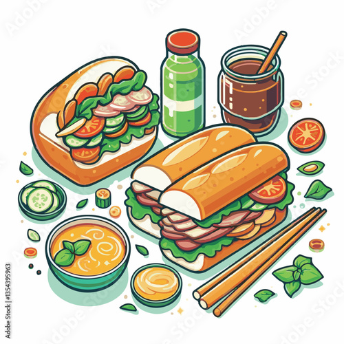 bread, baguette, meal, meat, fresh, food, background, cucumber, carrot, lunch, cuisine, coriander, sandwich, asian, traditional, vietnamese, pork, vietnam, sliced, closeup, cilantro, vegetable, street