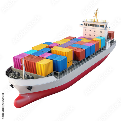 3D cute style on white background isolated png. Colorful Cargo Ship with Stacked Containers on Transparent Background