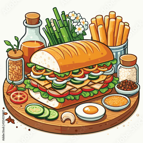 bread, baguette, meal, meat, fresh, food, background, cucumber, carrot, lunch, cuisine, coriander, sandwich, asian, traditional, vietnamese, pork, vietnam, sliced, closeup, cilantro, vegetable, street