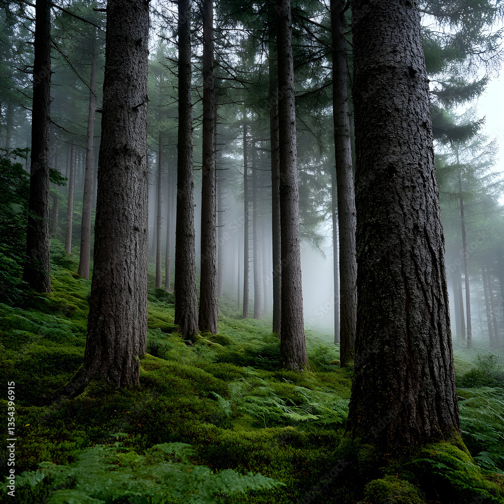 Obraz premium Fog entering coniferous forest on mossy hillside