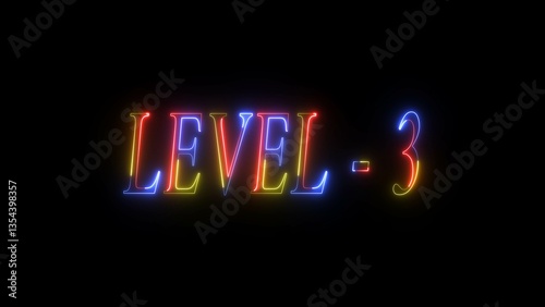 Level three neon bright text colorful 4k video animation. Three Level Up on black background.