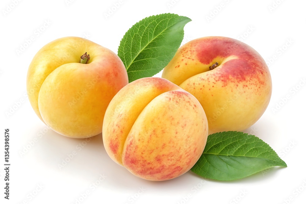Three fresh apricots with leaves isolated on white background Three fresh apricots with leaves isolated on white background