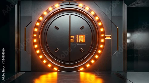 Closed futuristic vault door with orange lighting in a sleek metallic corridor