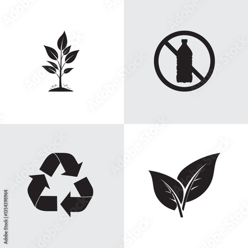 Eco-friendly icons tree, no plastic bottle, recycling symbol, and leaves