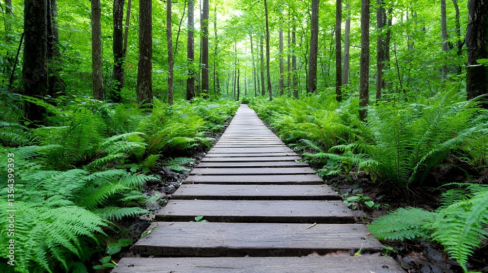Wooden Path Through Lush Green Forest with Ferns and Trees Wooden Path Through Lush Green Forest with Ferns and Trees
